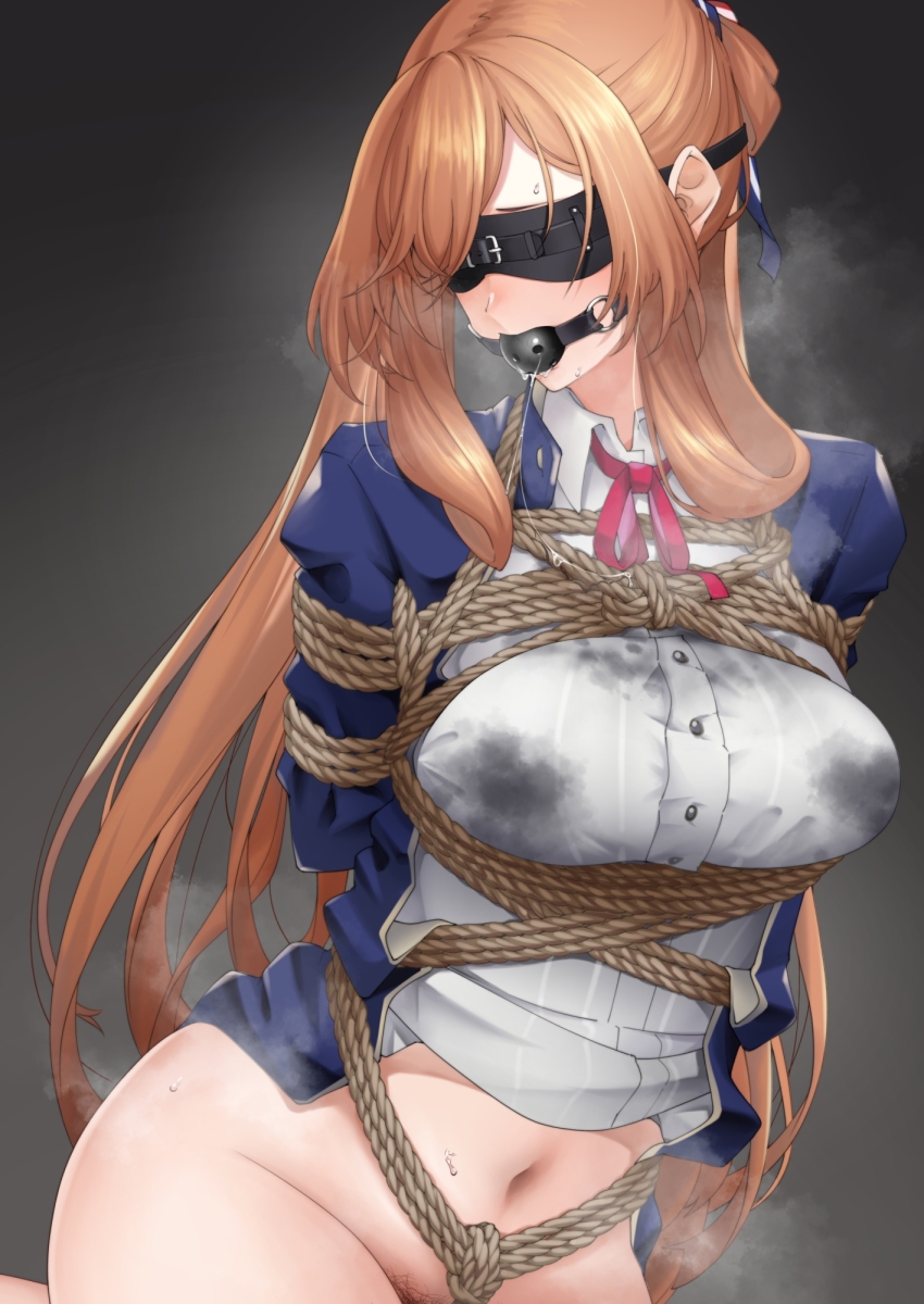 1girl arms_behind_back ball_gag bdsm black_blindfold blindfold blue_jacket bondage bottomless bound breasts brown_hair collared_shirt female_pubic_hair gag gagged girls&#039;_frontline hair_rings highres implied_lactation jacket large_breasts long_hair nakiusagi navel neck_ribbon open_clothes open_jacket pubic_hair red_ribbon ribbon rope saliva saliva_trail shibari shirt solo springfield_(girls&#039;_frontline) steaming_body sweat turning_head upper_body wet wet_clothes wet_shirt white_shirt