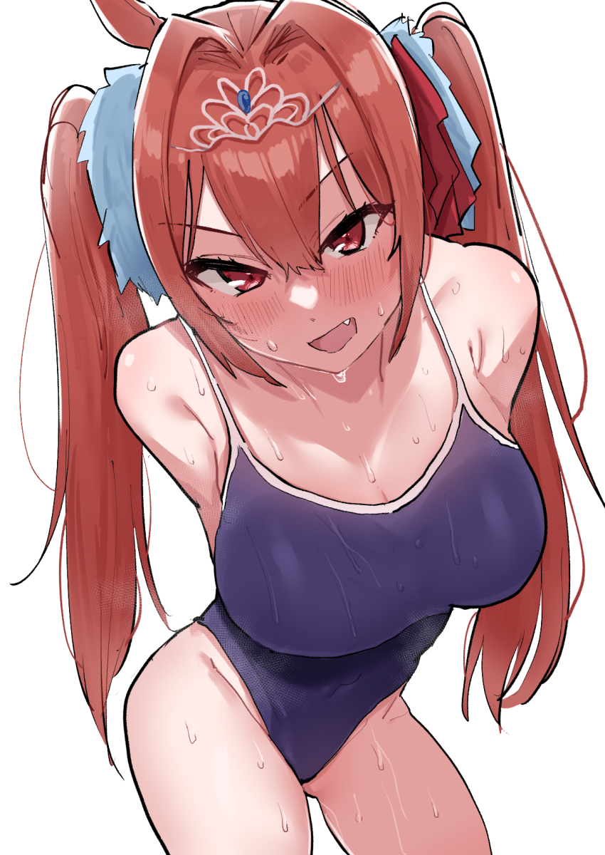 1girl animal_ears arms_behind_back blush breasts brown_hair commentary_request daiwa_scarlet_(umamusume) fang hair_between_eyes hair_intakes highres horse_ears horse_girl kobinbin large_breasts long_hair looking_at_viewer one-piece_swimsuit open_mouth red_eyes sidelocks simple_background solo swimsuit tiara twintails umamusume very_long_hair wet wet_clothes wet_swimsuit white_background