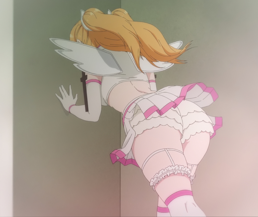 1girl 2.5_jigen_no_ririsa amano_ririsa angel_wings ass back blonde_hair clothes_lift cosplay crop_top elbow_gloves fake_wings from_behind gloves highres long_hair miniskirt pleated_skirt ruffled_shorts screencap shorts skirt skirt_lift stitched thigh_strap thighs third-party_edit twintails white_gloves white_shorts wings