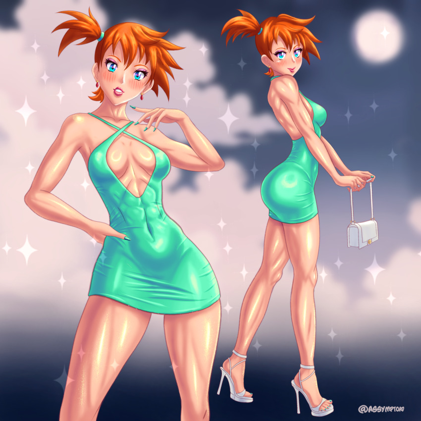 abs ass assymptoad bag blue_eyes blush breasts cleavage creatures_(company) dress earrings game_freak hand_on_own_hip handbag high_heels jewelry lipstick long_legs makeup medium_breasts minidress misty_(pokemon) multiple_views nail_polish nintendo orange_hair pokemon pokemon_(anime) profile short_hair side_ponytail smile toenail_polish toenails tomboy toned toned_female wide_hips