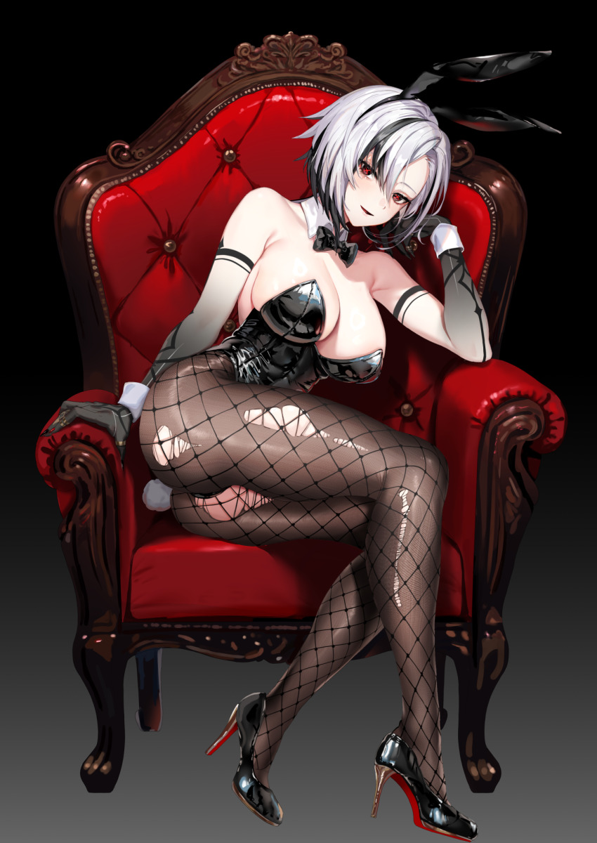 1girl alternate_costume animal_ears arlecchino_(genshin_impact) armchair bare_shoulders black_bow black_bowtie black_eyes black_footwear black_hair black_hands black_leotard bow bowtie breasts chair cleavage colored_extremities commentary_request detached_collar elbow_rest fake_animal_ears fake_tail fishnet_pantyhose fishnets full_body genshin_impact grey_hair head_rest high_heels highres hominamia large_breasts leotard long_hair looking_at_viewer low_ponytail multicolored_hair open_mouth pantyhose playboy_bunny rabbit_ears rabbit_tail simple_background smile solo strapless strapless_leotard streaked_hair tail thighband_pantyhose torn_clothes torn_pantyhose white_wrist_cuffs wing_collar wrist_cuffs