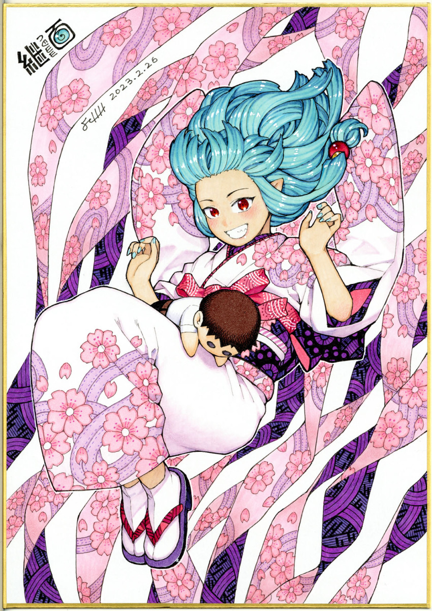 1girl beads blue_hair blue_nails character_doll character_name cherry_blossom_print commentary_request dated floral_print full_body grin hair_beads hair_ornament hamada_yoshikazu highres japanese_clothes kagami_kazuya kimono kiriha_(tsugumomo) long_hair long_sleeves looking_at_viewer nail_polish obi official_art pointy_ears print_kimono red_eyes sash shikishi signature smile solo tabi teeth traditional_media tsugumomo wide_sleeves