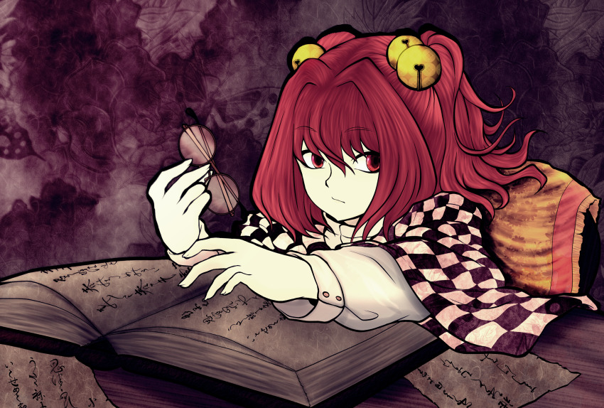 1girl bell book checkered_clothes checkered_kimono closed_mouth cup expressionless glasses hair_bell hair_between_eyes hair_ornament highres holding holding_cup japanese_clothes jingle_bell kimono miazuma_sarin motoori_kosuzu open_book purple_background red_eyes red_hair short_hair solo third-party_source touhou two_side_up upper_body