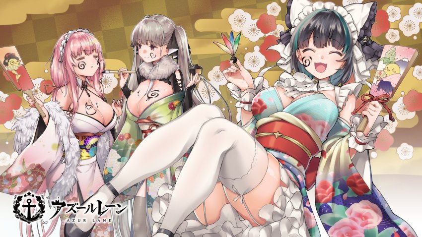 3girls alternate_costume animal_ears aqua_hair azur_lane bare_shoulders black_footwear bottle breasts calligraphy_brush cat_ears cheshire_(azur_lane) cleavage closed_eyes detached_sleeves drawing_on_another&#039;s_face fake_animal_ears feather_boa floral_print formidable_(azur_lane) frilled_hairband frilled_skirt frills garter_straps green_kimono hagoita hairband hane_(hanetsuki) hanetsuki herio highres holding holding_bottle holding_brush japanese_clothes kimono large_breasts loading_screen long_hair manjuu_(azur_lane) multicolored_hair multiple_girls neckwear_between_breasts off_shoulder official_art paddle paintbrush perseus_(azur_lane) pink_hair pink_kimono platinum_blonde_hair purple_hair red_eyes red_sash sash skirt skirt_under_kimono thighhighs twintails two-tone_hair very_long_hair white_legwear wide_sleeves