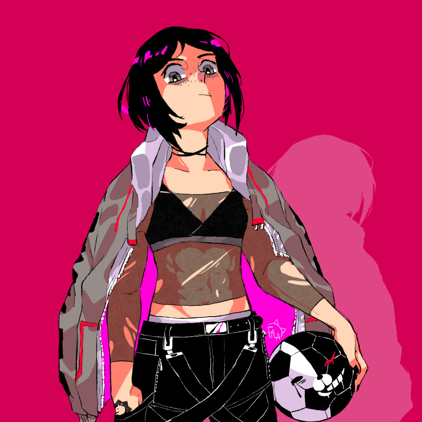 1girl abs absurdres ball black_bra black_pants bra choker closed_mouth danganronpa:_trigger_happy_havoc danganronpa_(series) eyebrows fala-alfredo-pasta female_focus flat_chest freckles grey_eyes grey_jacket hand_tattoo highres holding holding_ball ikusaba_mukuro jacket long_hair looking_at_viewer looking_down muscular muscular_female pants parted_bangs pink_background see-through see-through_shirt shirt simple_background soccer_ball solo solo_focus tattoo tattoo_on_hand underwear