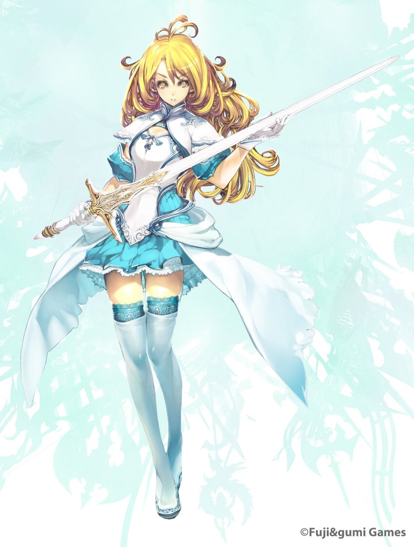 1girl absurdres ahoge aqua_skirt aqua_thighhighs armor blonde_hair boots company_name dress excalibur_(phantom_of_the_kill) frilled_gloves frilled_skirt frills full_body gloves highres holding holding_sword holding_weapon long_hair looking_at_viewer official_art patterned_background phantom_of_the_kill second-party_source skirt solo standing sword thigh_boots thighhighs wavy_hair weapon weapon_background yellow_eyes yoshizumi_kazuyuki zettai_ryouiki