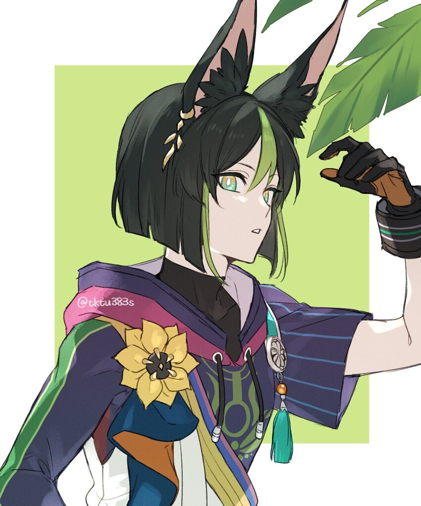 1boy animal_ear_fluff animal_ears asymmetrical_sleeves black_hair drawstring earrings flower fox_boy fox_ears gem genshin_impact gloves green_eyes green_hair highres hood hood_down jewelry leaf looking_at_viewer male_focus medal multicolored_hair parted_lips simple_background single_earring solo streaked_hair tassel tighnari_(genshin_impact) tofu_(bean359) twitter_username two-tone_background upper_body yellow_flower