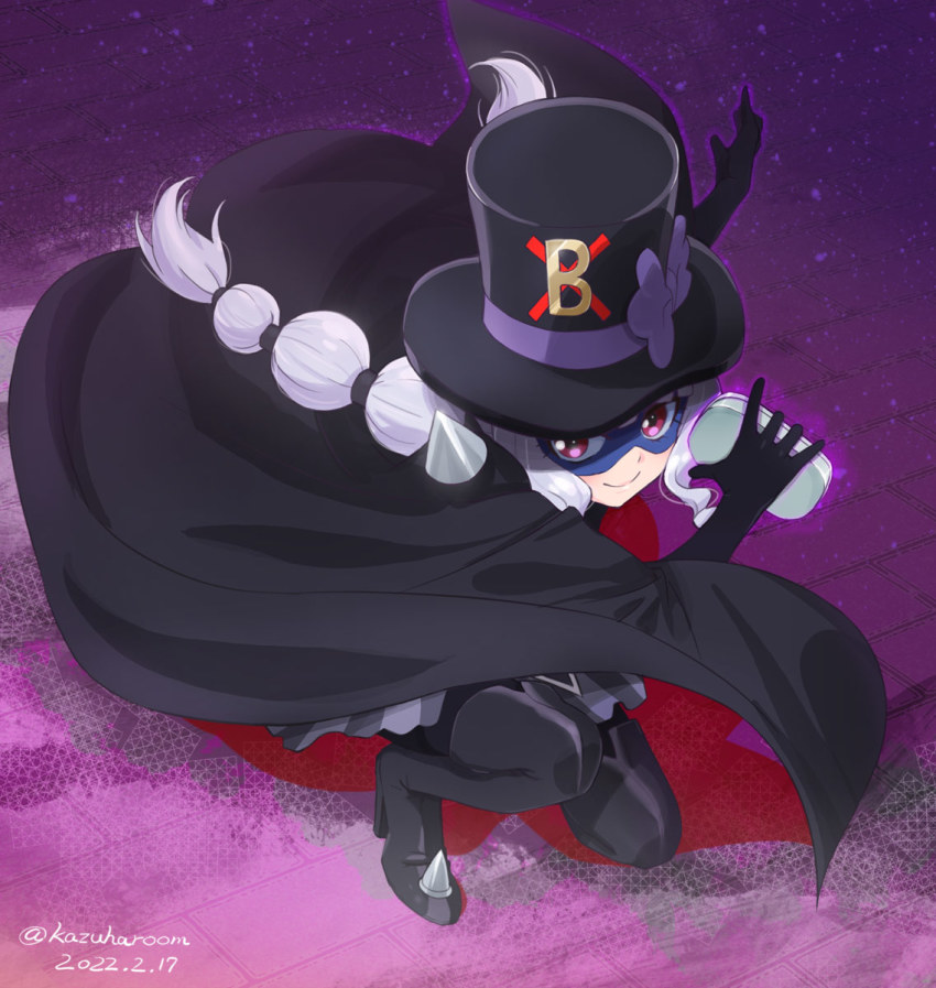 1girl black_cape black_footwear black_gloves black_hat black_thighhighs boots braid cape closed_mouth commentary_request dated delicious_party_precure gentlu_(precure) gloves haruyama_kazunori hat highres kneeling long_hair looking_at_viewer mask on_one_knee precure red_eyes smile solo thigh_boots thighhighs twin_braids twintails white_hair