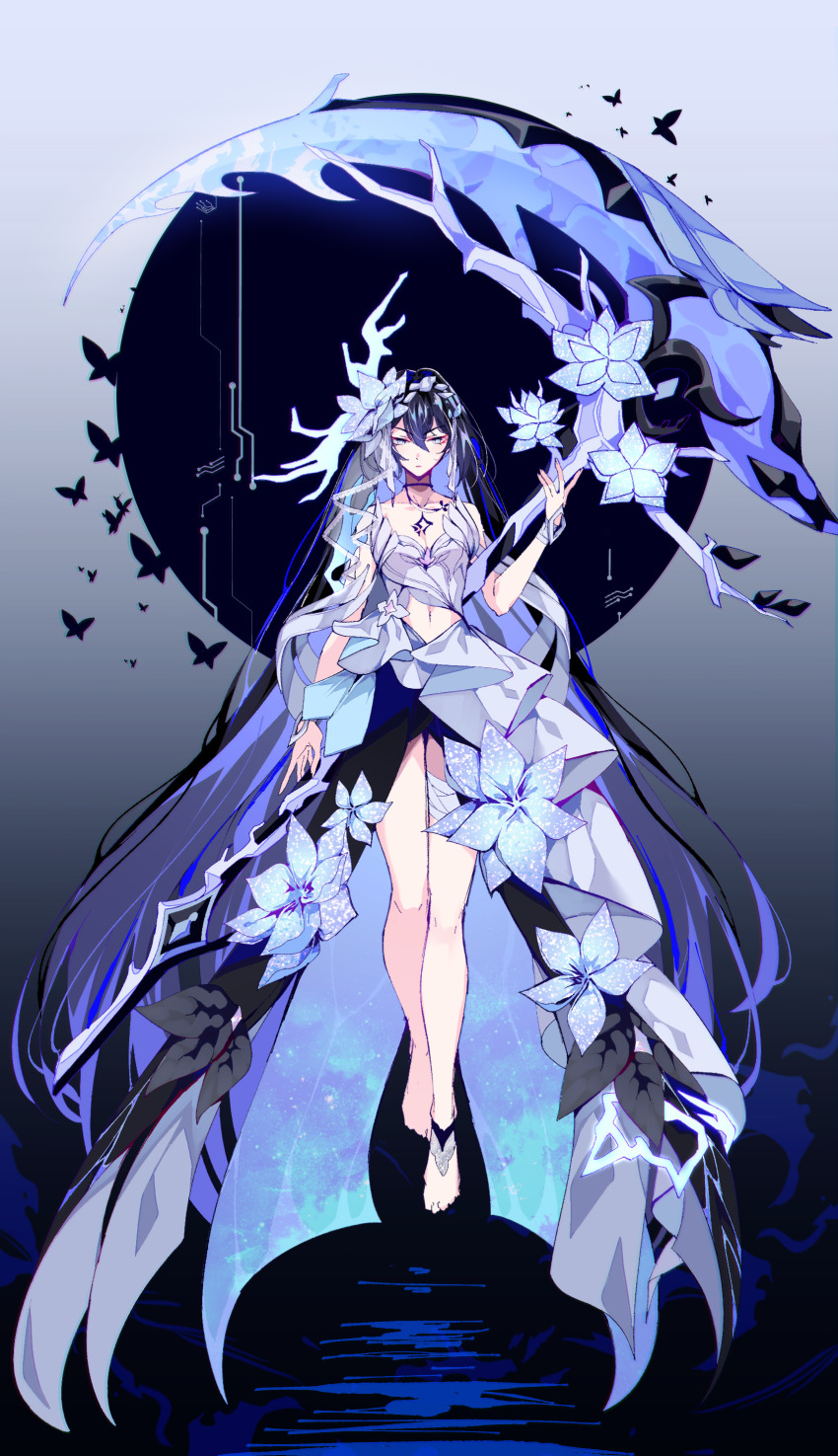 1girl absurdly_long_hair absurdres aer007580 barefoot collarbone dress floating full_body gradient_background hair_between_eyes highres honkai_(series) honkai_impact_3rd long_hair navel purple_eyes purple_hair seele_vollerei seele_vollerei_(herrscher_of_rebirth) solo very_long_hair white_dress