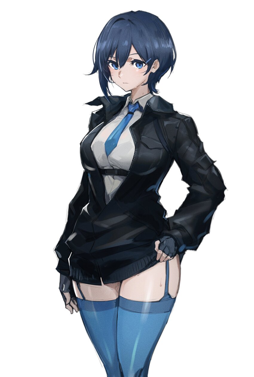 1girl absurdres adjusting_clothes bird/binary black_jacket blue_eyes blue_hair blue_necktie blue_thighhighs breasts ciel_(bird/binary) cowboy_shot fingerless_gloves gloves hair_ornament hairclip highres jacket large_breasts las91214 necktie no_pants shiny_clothes shiny_legwear shiny_skin shirt short_hair simple_background solo sweater thighhighs white_background white_shirt