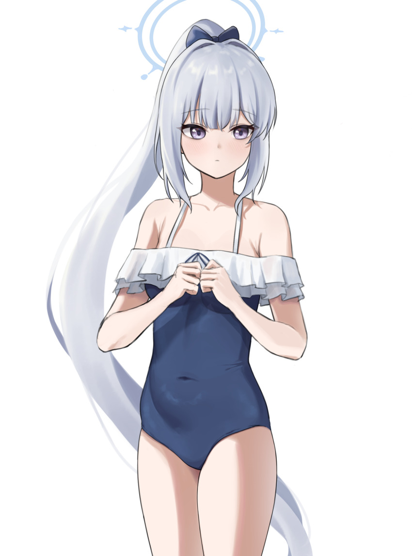 1girl absurdres blue_archive blue_halo blue_one-piece_swimsuit breasts commentary covered_navel cowboy_shot erenav facing_viewer frilled_one-piece_swimsuit frills grey_hair halo highres long_hair looking_ahead miyako_(blue_archive) miyako_(swimsuit)_(blue_archive) off-shoulder_one-piece_swimsuit off_shoulder official_alternate_costume one-piece_swimsuit own_hands_together ponytail purple_eyes simple_background small_breasts solo standing swimsuit two-tone_one-piece_swimsuit very_long_hair white_background