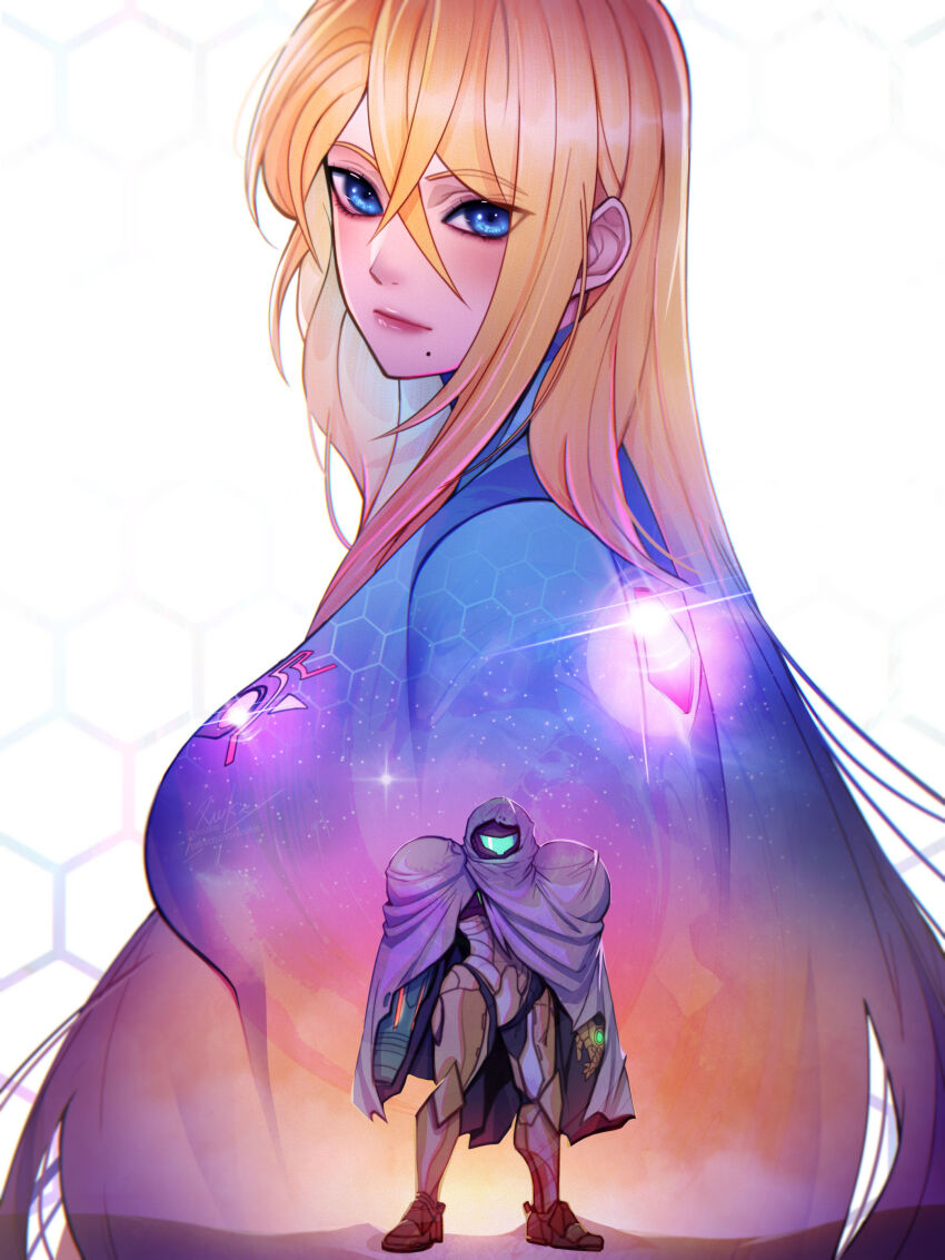 1girl absurdres arm_cannon blonde_hair blue_bodysuit bodysuit cloak dual_persona glowing highres honeycomb_(pattern) honeycomb_background long_hair looking_at_viewer metroid mole mole_under_mouth nintendo power_suit samus_aran sky solo standing star_(sky) starry_sky varia_suit very_long_hair weapon xuuikie_ashe zero_suit