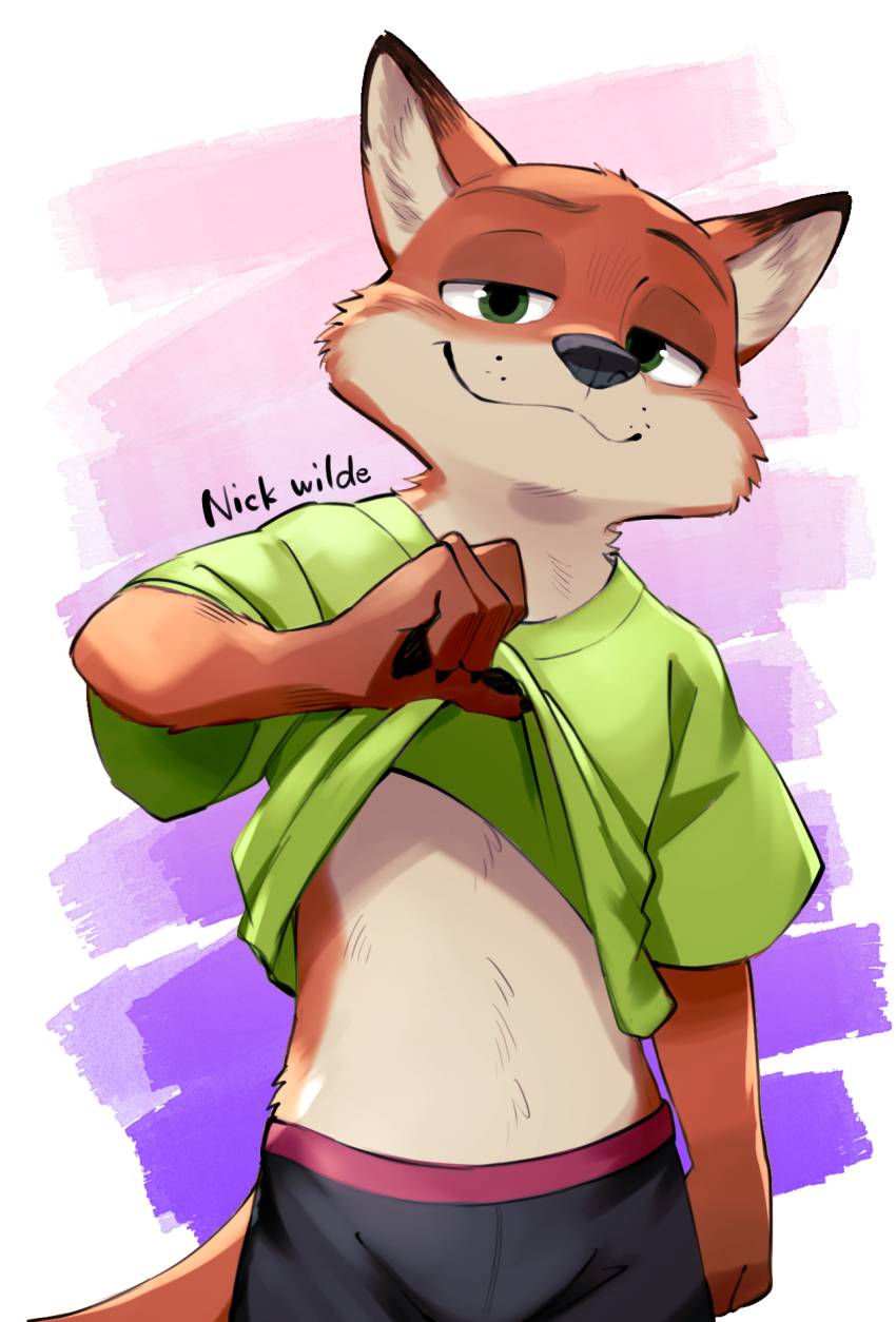 1boy animal_ears black_shorts character_name claws closed_mouth clothes_lift commentary_request fox_boy fox_ears fox_tail furry furry_male green_eyes green_shirt half-closed_eyes highres kinoshita_jiroh looking_at_viewer male_focus nick_wilde pawpads shirt shirt_lift shorts smile tail zootopia