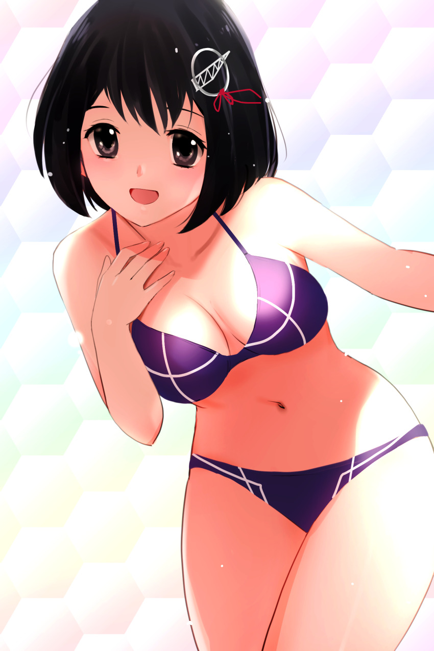 1girl adapted_costume bikini black_hair breasts brown_eyes cleavage haguro_(kancolle) hair_ornament hand_on_own_chest highres kantai_collection medium_breasts navel purple_bikini short_hair smile solo swimsuit tanaka_yutaka white_background