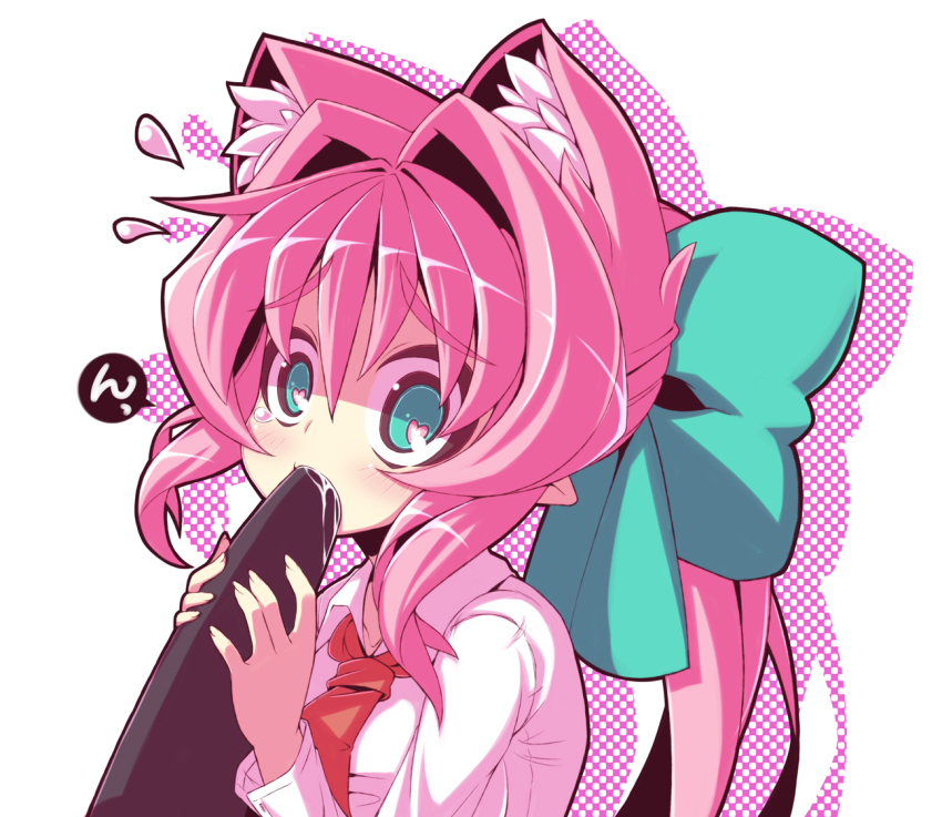 1girl animal_ears blush bow crazy_developers female_focus green_eyes hair_bow heart heart-shaped_pupils long_hair necktie original pink_hair ponytail saliva sexually_suggestive solo souffle_camberetto souffle_gamberetto symbol-shaped_pupils