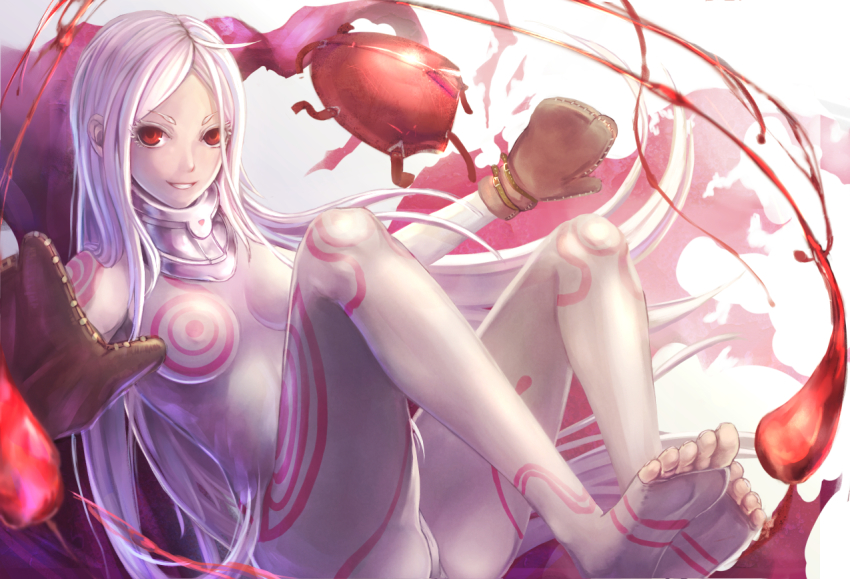 1girl bad_id deadman_wonderland feet female_focus gloves long_hair no_shoes red_eyes shiro_(deadman_wonderland) smile soles solo toeless_legwear toes very_long_hair white_hair yazuwo