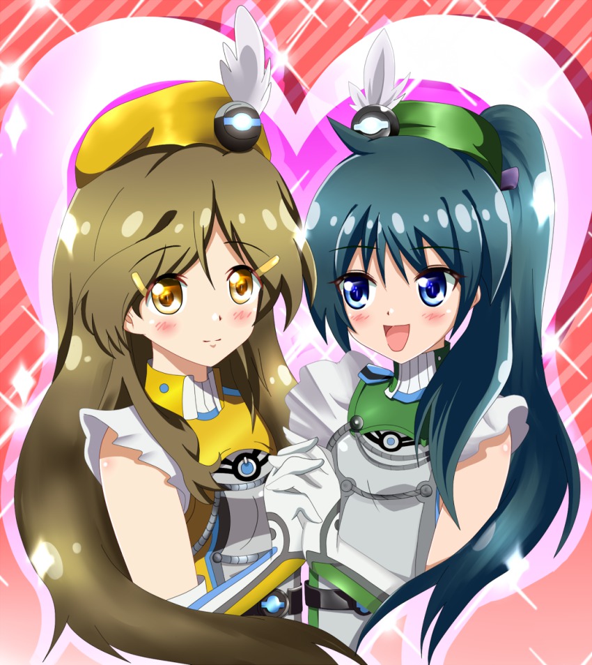 2girls blue_eyes brown_hair green_hair holding_hands hat highres long_hair multiple_girls palette_suit ponytail saegusa_wakaba shiguko shinomiya_himawari symmetry vividred_operation yellow_eyes