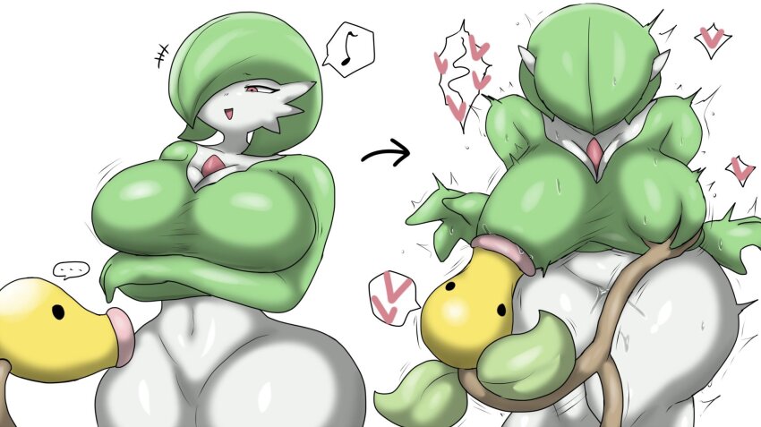 ... 1girl 1other bellsprout breast_sucking breasts colored_skin creatures_(company) enigi09 game_freak gardevoir gen_1_pokemon gen_3_pokemon grabbing_another&#039;s_breast groping heart huge_breasts looking_at_viewer monster_girl multicolored_skin musical_note nintendo open_mouth pokemon red_eyes simple_background smile speech_bubble white_background white_skin