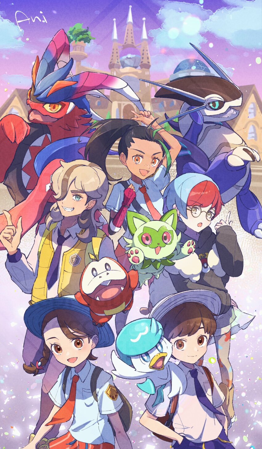 2boys 3girls anidf arven_(pokemon) black_hair brown_hair cloud collared_shirt commentary_request creatures_(company) fingerless_gloves florian_(pokemon) fuecoco game_freak gloves green_hair hat highres hood hoodie juliana_(pokemon) koraidon miraidon multicolored_hair multiple_boys multiple_girls necktie nemona_(pokemon) nintendo orange_necktie orange_shorts outdoors penny_(pokemon) pokemon pokemon_(creature) pokemon_sv ponytail quaxly school_uniform shirt short_hair shorts signature single_glove sky two-tone_hair vest yellow_vest