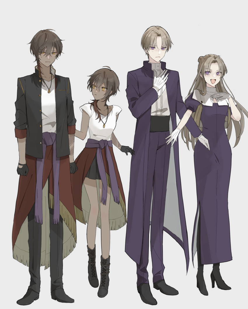 2boys 2girls absurdres black_footwear black_gloves black_jacket boots brown_hair dark-skinned_female dark-skinned_male dark_skin dog_tags dress genderswap genderswap_(mtf) gloves hair_between_eyes hand_on_own_chest heshikiri_hasebe high_heel_boots high_heels highres jacket long_hair looking_at_another looking_to_the_side mizuno_(bbzzzzzzbb) multiple_boys multiple_girls ojou-sama_pose ookurikara open_mouth pants purple_eyes shirt short_hair skirt smug standing sweatdrop touken_ranbu white_background white_gloves white_shirt