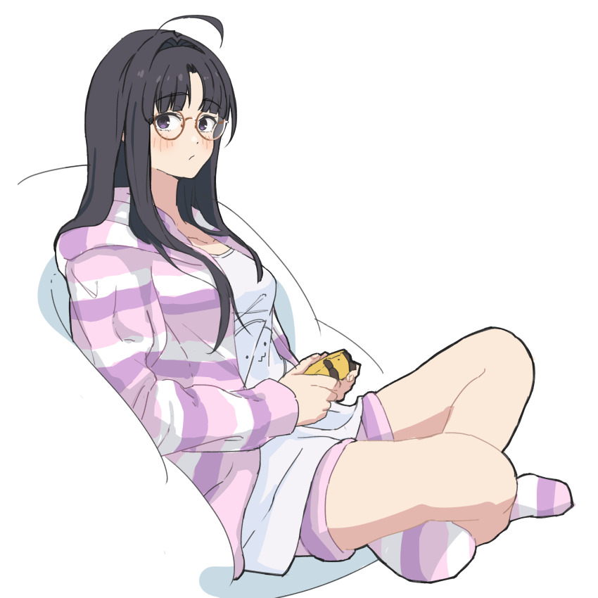 1girl absurdres ahoge awa_subaru black_hair blush breasts cardigan closed_mouth commentary_request controller crossed_legs full_body game_controller girls_band_cry glasses highres holding holding_controller holding_game_controller jibe1212 long_hair long_sleeves looking_at_viewer medium_breasts purple_cardigan purple_eyes purple_shorts purple_socks shirt shorts simple_background sitting socks solo striped_cardigan striped_clothes striped_socks white_background white_shirt