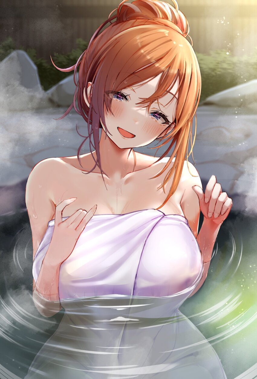 1girl blue_eyes blush breasts brown_hair commentary_request gakuen_idolmaster hair_bun head_tilt highres himesaki_rinami idolmaster large_breasts long_hair looking_at_viewer mappaninatta naked_towel onsen open_mouth ripples single_hair_bun solo steam towel water wet