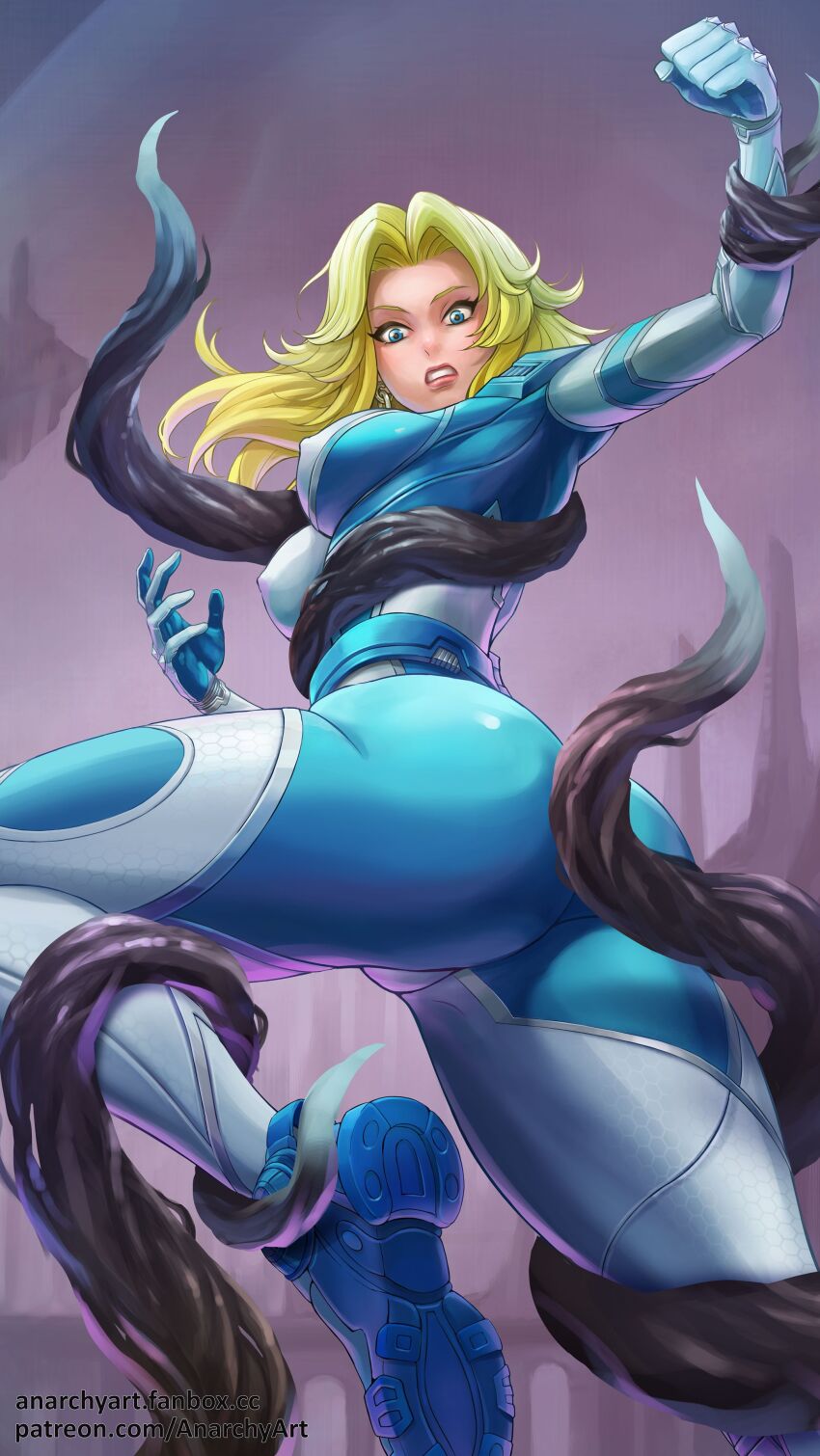 1girl absurdres anarchyart ass blonde_hair blue_eyes bodysuit breasts covered_erect_nipples energy fanbox_username fantastic_four from_below frown highres long_hair looking_down marvel marvel_rivals paid_reward_available patreon_username skin_tight solo sue_storm superhero_costume teeth tentacles twisted_torso