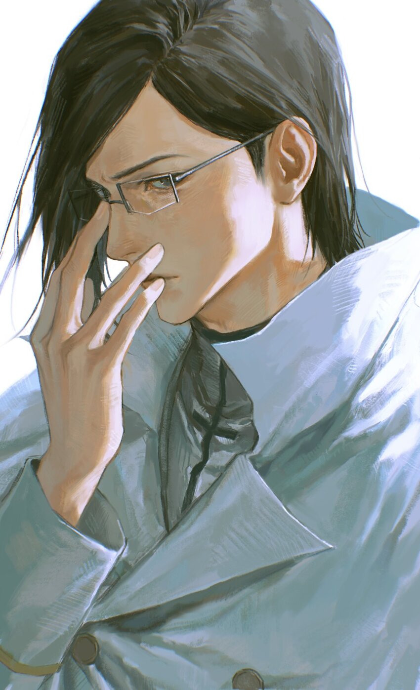 1boy adjusting_eyewear black_hair bleach bleach:_sennen_kessen-hen blue_eyes coat commentary_request hair_behind_ear high_collar highres ishida_uryuu looking_to_the_side male_focus nk_6fal parted_bangs quincy_(bleach) rectangular_eyewear semi-rimless_eyewear shirt short_hair upper_body wandenreich wandenreich_uniform white_background white_coat white_shirt