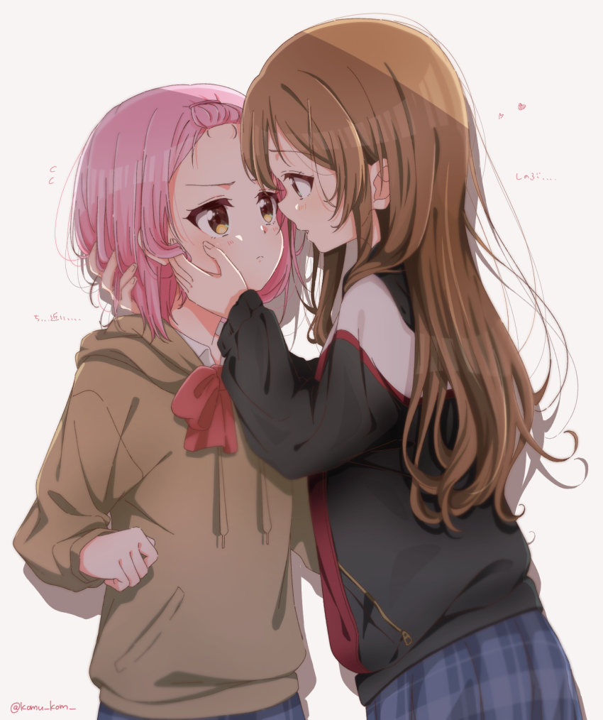 2girls bangs_pinned_back brown_hair clenched_hand commentary d4dj hand_on_another&#039;s_face highres hood hoodie inuyose_shinobu komu_kom long_hair multiple_girls open_mouth pink_hair simple_background translated twitter_username white_background yamate_kyouko