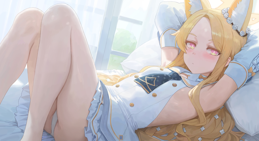 1girl absurdres animal_ear_fluff animal_ears arms_up blonde_hair blue_archive blush commentary_request detached_sleeves dress fox_ears fox_girl gradient_eyes head_wreath highres indoors junmin knees_up long_hair looking_at_viewer lying multicolored_eyes on_back on_bed panties seia_(blue_archive) sideless_dress sideless_outfit solo thighs underwear white_dress white_panties white_sleeves