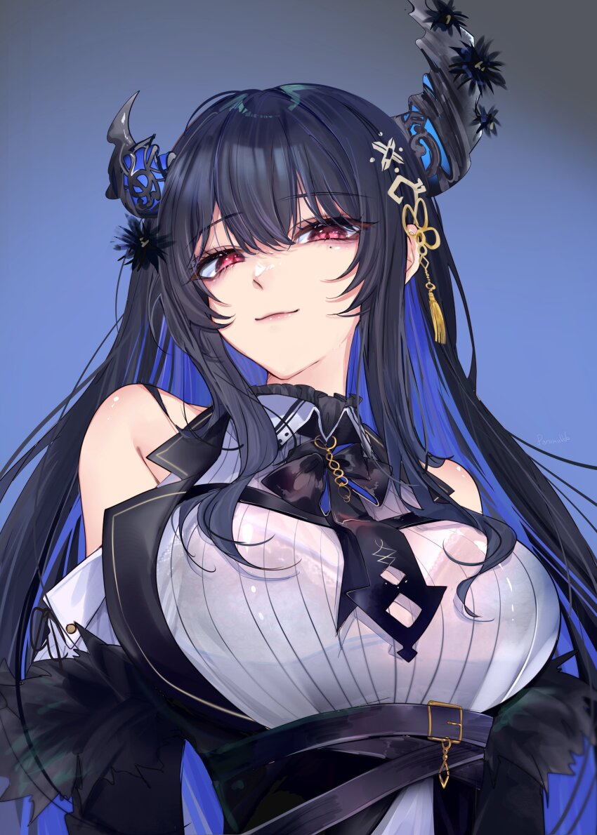 1girl absurdres asymmetrical_horns bare_shoulders black_bra black_hair blue_hair bra bra_visible_through_clothes breasts colored_inner_hair demon_horns hair_ornament highres hololive hololive_english horns large_breasts long_hair looking_at_viewer mole mole_under_eye multicolored_hair nerissa_ravencroft nerissa_ravencroft_(1st_costume) red666 red_eyes see-through_clothes smile solo two-tone_hair underwear uneven_horns very_long_hair virtual_youtuber