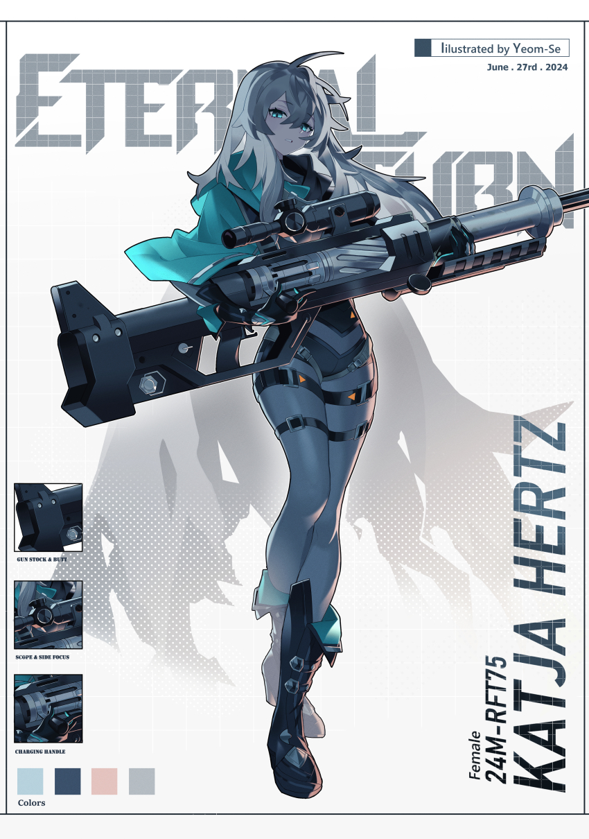 1girl absurdres black_survival bodysuit commentary enjjyang-it eternal_return:_black_survival green_eyes grey_bodysuit grey_hair gun hair_between_eyes highres holding holding_gun holding_weapon katja_(black_survival) korean_commentary long_hair looking_at_viewer rifle scope sniper_rifle solo thighs weapon