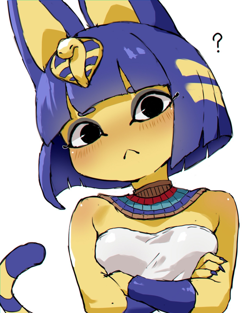 1girl 4o4_n0t_fankal :&lt; ? animal_crossing ankha_(animal_crossing) blue_hair blush bob_cut claws crossed_arms eyeliner eyeshadow facing_viewer furry furry_female highres looking_at_viewer makeup medium_hair nintendo solo striped_tail tail upper_body uraeus usekh_collar white_background