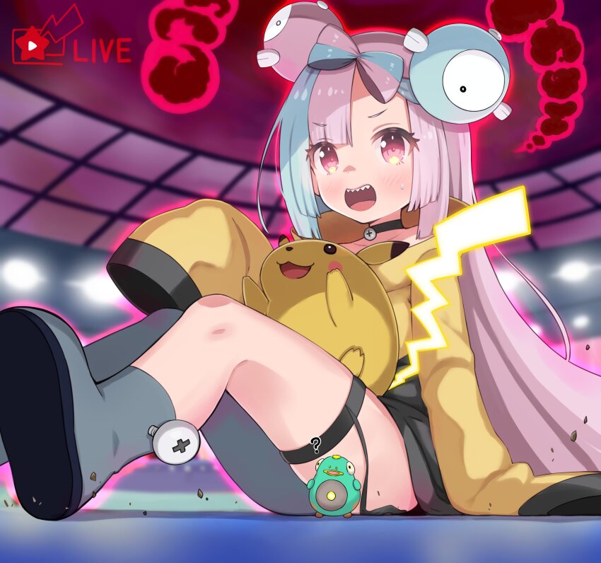 1girl absurdres black_choker blue_hair bow-shaped_hair character_hair_ornament choker creatures_(company) dynamax game_freak gen_1_pokemon giant giantess gigantamax gigantamax_pikachu grey_pantyhose hair_ornament highres iono_(pokemon) jacket long_hair long_sleeves looking_at_viewer multicolored_hair nintendo open_mouth oversized_clothes pantyhose pikachu pink_eyes pink_hair pokemon pokemon_(creature) pokemon_sv red_clouds sharp_teeth single_leg_pantyhose siragagaga sitting sleeves_past_fingers sleeves_past_wrists smile stadium teeth thigh_strap two-tone_hair very_long_hair yellow_jacket