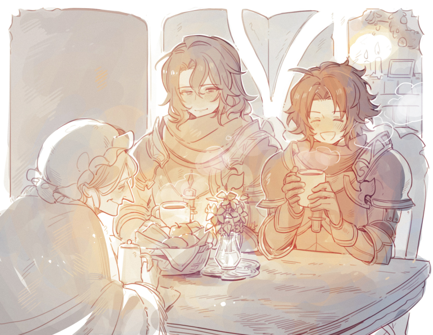 1girl 2boys apple armor candle closed_eyes cup flower food fruit granblue_fantasy highres holding holding_cup lancelot_(granblue_fantasy) long_hair luminous_slime multiple_boys old old_woman open_mouth scarf siegfried_(granblue_fantasy) smile wrinkled_skin