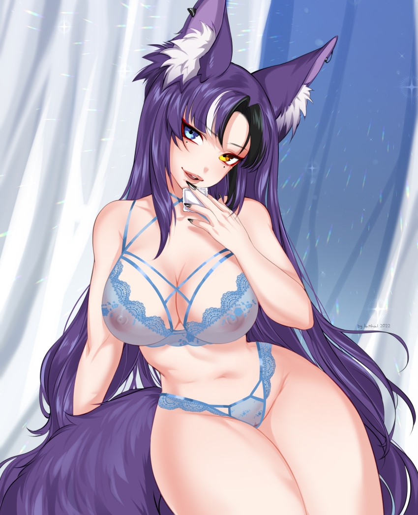 1girl absurdres animal_ear_fluff animal_ears artist_name awful_queen_(vtuber) bad_source black_nails breasts fox_tail heterochromia highres indie_virtual_youtuber lanhai large_breasts looking_at_viewer mole mole_under_eye monster_girl parted_lips purple_hair see-through tail thick_thighs thighs underwear