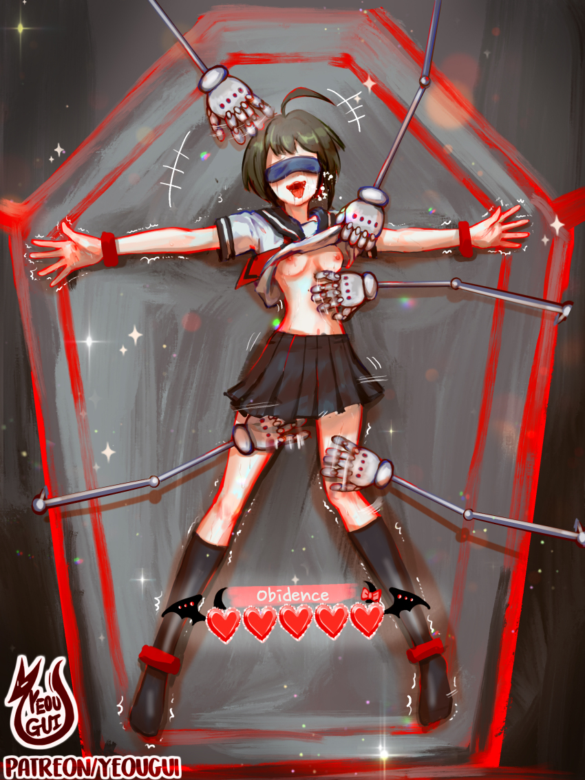 1girl absurdres ahoge artist_logo artist_name bdsm black_footwear black_socks blindfold blue_skirt bondage bound bound_ankles bound_wrists breasts breasts_out brown_hair calf_socks clothes_lift danganronpa_(series) danganronpa_another_episode:_ultra_despair_girls drooling english_text female_focus forced full_body heart highres legs_apart mechanical_arms mechanical_hands medium_hair naegi_komaru nipples open_mouth outstretched_arms patreon_username pleated_skirt sailor_collar school_uniform shirt shirt_lift short_sleeves signature skirt small_breasts socks solo solo_focus spread_legs tickle_torture tickling white_shirt yeougui