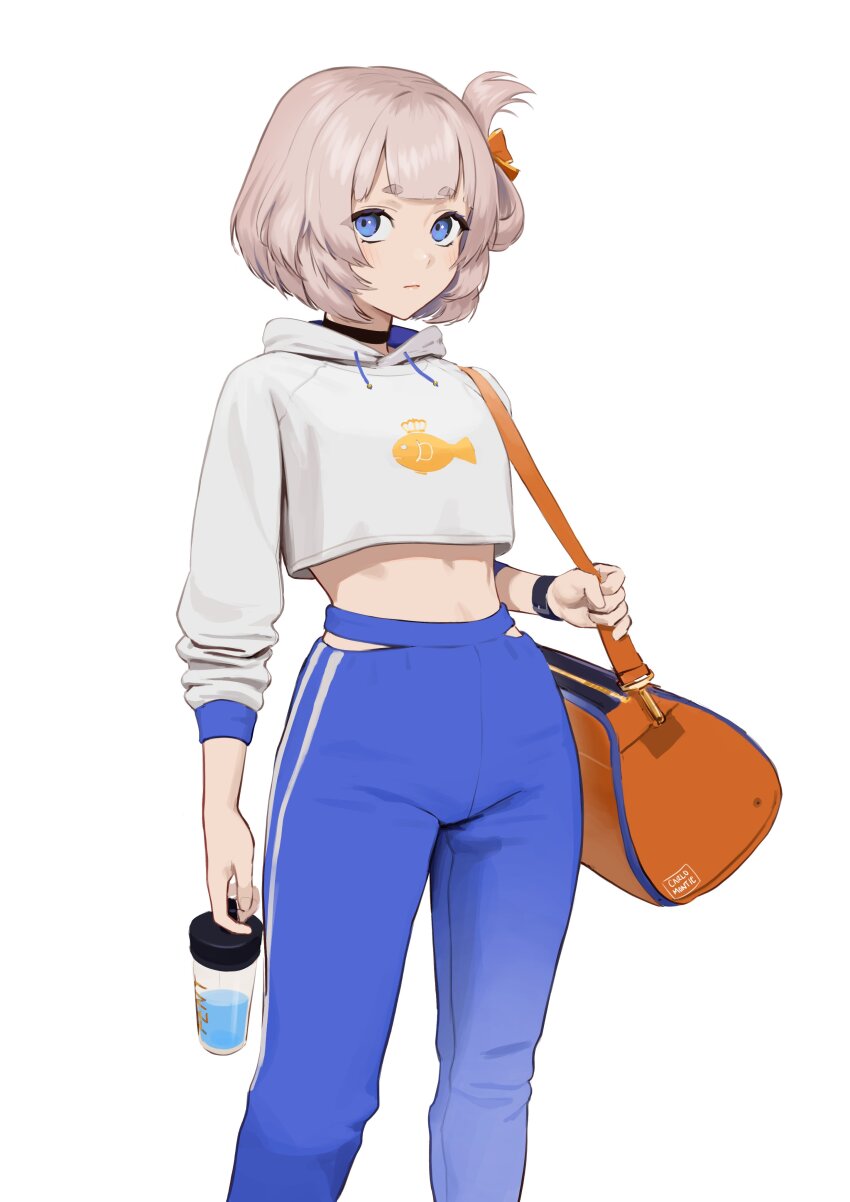 1girl absurdres alternate_costume animal_print bag black_choker blue_eyes blue_pants bottle carlo_montie choker closed_mouth commentary cropped_hoodie duffel_bag fish_print highres holding holding_bottle hood hood_down hoodie indie_virtual_youtuber looking_at_viewer marimari_(vtuber) midriff one_side_up pants simple_background sleeves_rolled_up solo virtual_youtuber water_bottle white_background white_hair white_hoodie