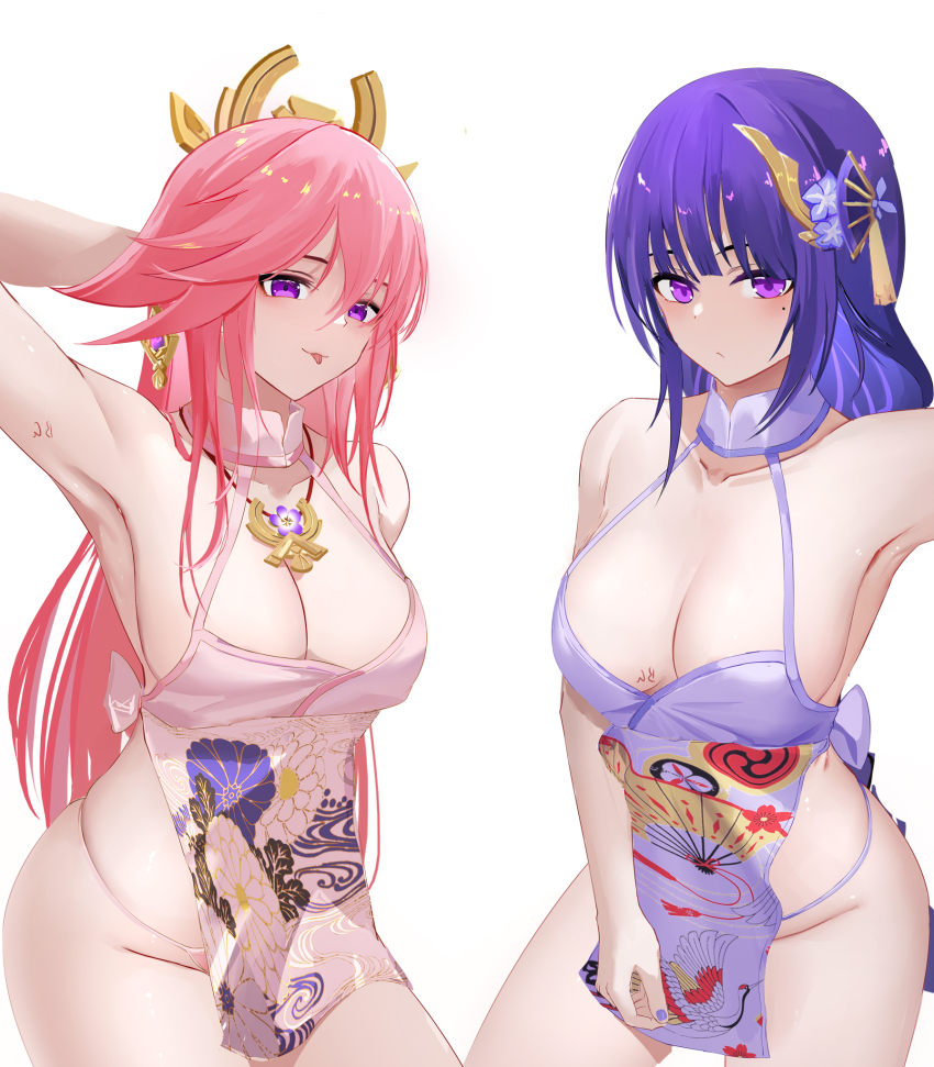 2girls adapted_costume animal_ears armpits baige0 bare_arms bare_hips bare_legs bare_shoulders breasts cleavage fox_ears genshin_impact groin highres large_breasts long_hair multiple_girls nail_polish pelvic_curtain presenting_armpit raiden_shogun revealing_clothes sideboob skindentation thighs thong tongue tongue_out very_long_hair yae_miko