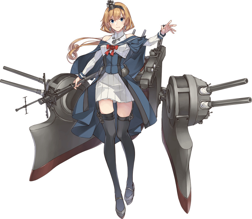 1girl blonde_hair blue_eyes breasts crown dress flower hair_between_eyes hairband jewelry kantai_collection konishi_(koconatu) long_hair long_sleeves low-tied_long_hair machinery mini_crown necklace off-shoulder_dress off_shoulder official_art red_flower rose scepter ship_turret solo thighhighs valiant_(kancolle) white_dress