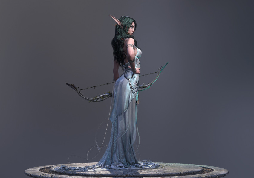 1girl 3d arc breasts dark-skinned_female dark_skin dress elf facial_mark female_focus full_body george_panfilov glowing glowing_eyes green_hair highres long_hair night_elf_(warcraft) pointy_ears solo tyrande_whisperwind warcraft world_of_warcraft