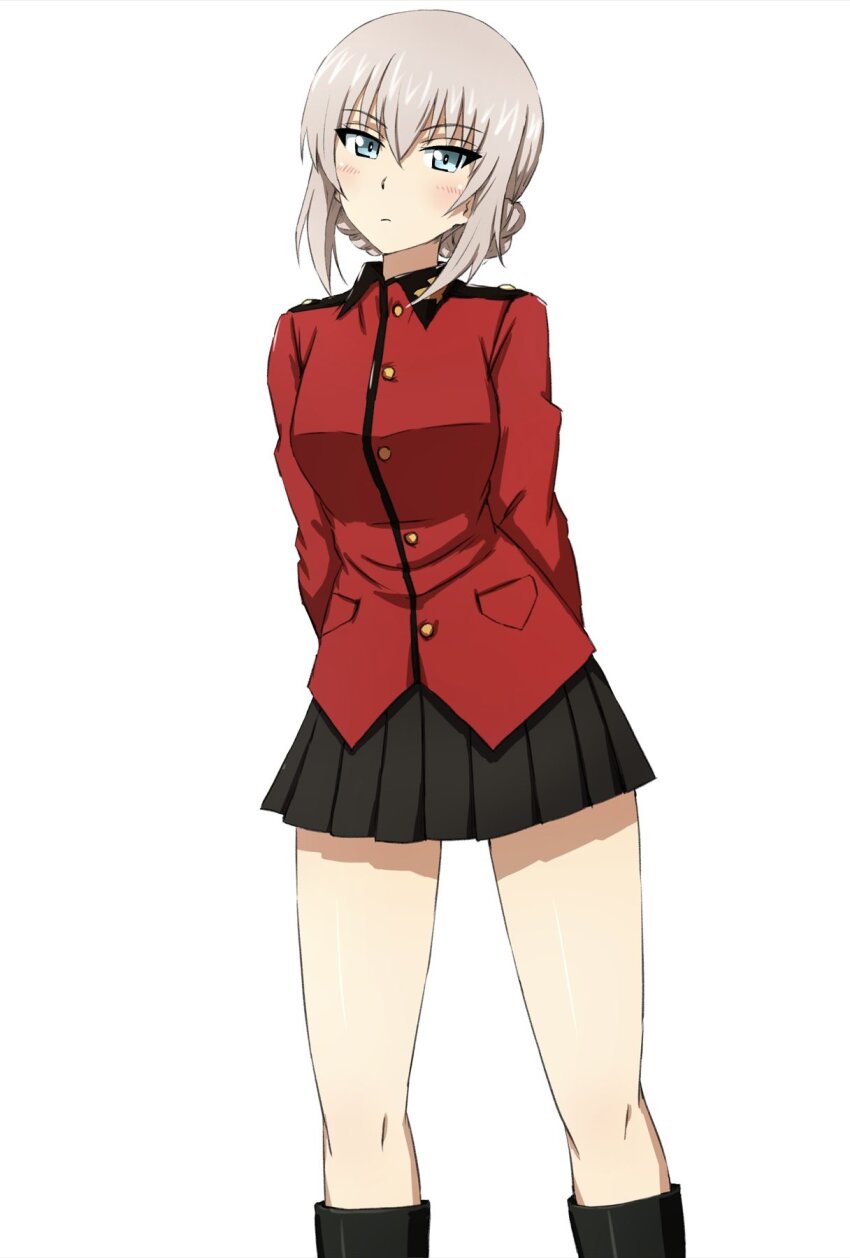 1girl alternate_costume alternate_hairstyle arms_behind_back black_footwear black_skirt blue_eyes blush boots braid breasts girls_und_panzer grey_hair highres itsumi_erika jacket light_frown miniskirt official_alternate_costume official_alternate_hairstyle omachi_(slabco) red_jacket skirt st._gloriana&#039;s_military_uniform