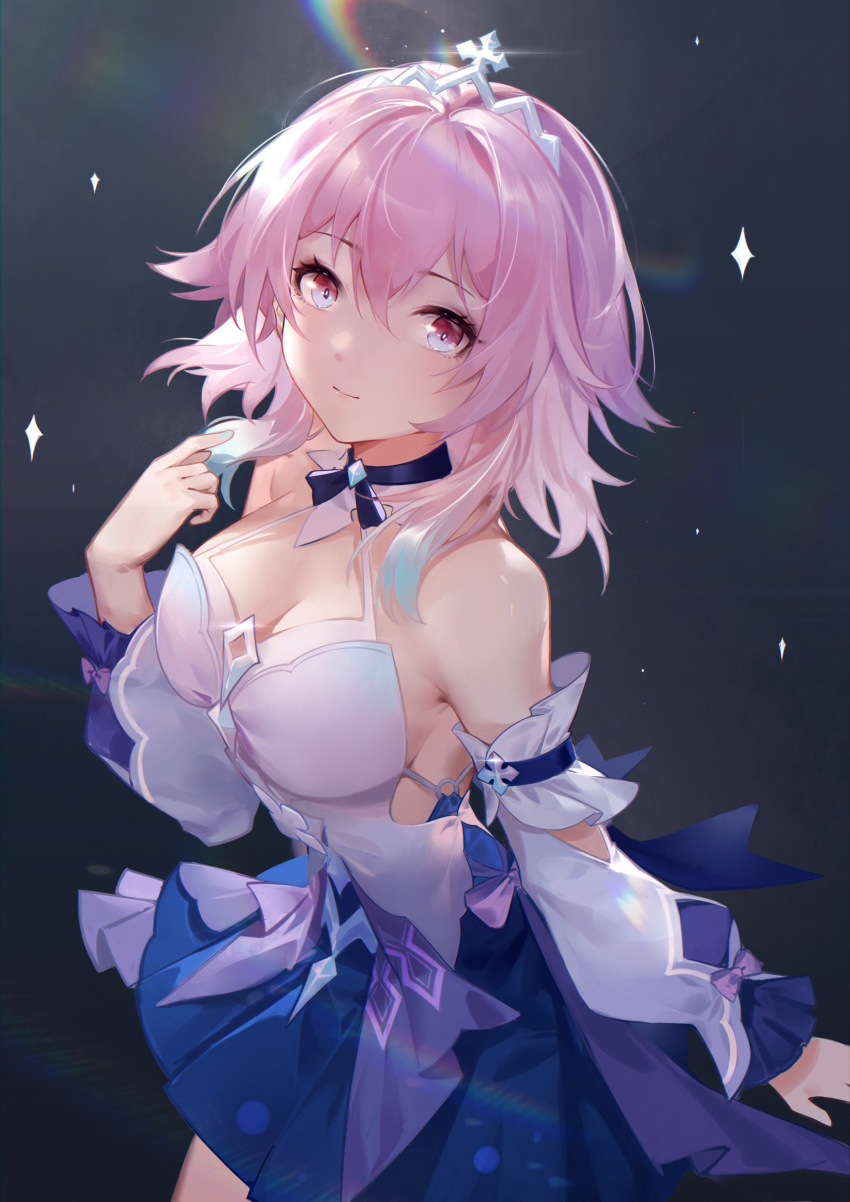 1girl absurdres blue_skirt breasts cleavage commentary_request cowboy_shot detached_sleeves highres honkai:_star_rail honkai_(series) long_sleeves looking_at_viewer march_7th_(future_market)_(honkai:_star_rail) march_7th_(honkai:_star_rail) medium_breasts miniskirt nail_polish official_alternate_costume pink_hair purple_eyes short_hair skirt smile solo standing sublime tiara woodylixx