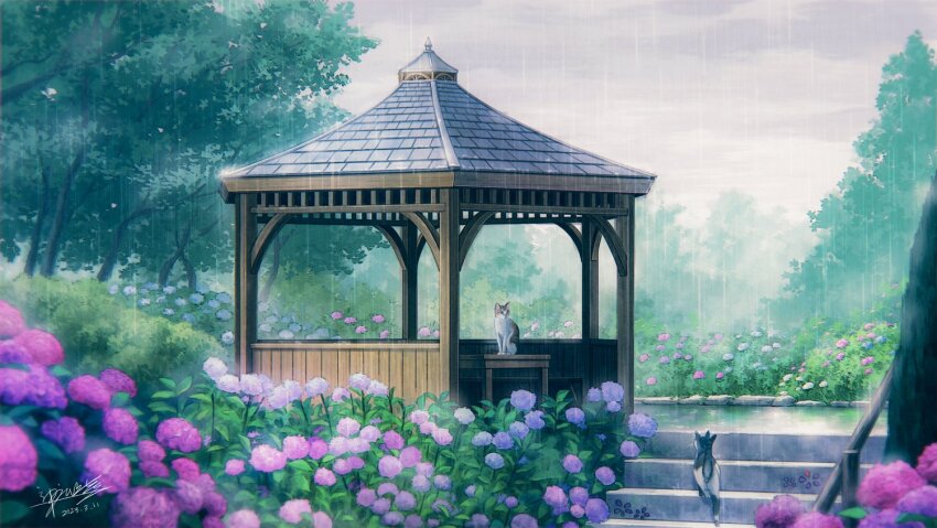 architecture artist_name bench bush cat cloud cloudy_sky commentary_request dated flower forest gazebo hydrangea kaminaga_mutsumi looking_at_another nature no_humans original overcast pavilion pink_flower railing rain scenery signature sitting sky stairs table tree wooden_bench