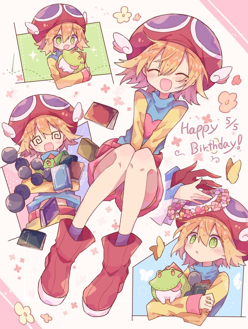 1boy 1girl 1other @_@ amitie_(puyopuyo) blonde_hair blush box closed_eyes donguri_gaeru flower futaba969649 gift gift_box green_eyes happy_birthday highres long_sleeves looking_at_viewer multiple_views puyopuyo puyopuyo_fever puyopuyo_fever_2 red_footwear red_headwear short_hair sig_(puyopuyo) winged_hat