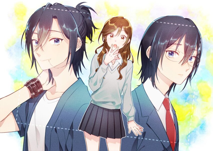 1boy 1girl :o arm_at_side black_hair black_skirt blue_eyes brown_eyes brown_hair closed_mouth collared_shirt commentary_request fingernails glasses grey_sweater hair_between_eyes hand_on_own_neck hand_up hori-san_to_miyamura-kun hori_kyouko hrt_(fujita_hiro) katagiri_senior_high_school_uniform lapels lip_piercing long_hair long_sleeves looking_at_viewer medium_hair miyamura_izumi necktie notched_lapels official_art open_mouth piercing pleated_skirt red_necktie school_uniform second-party_source shirt short_sleeves skirt sweater upper_body white_shirt