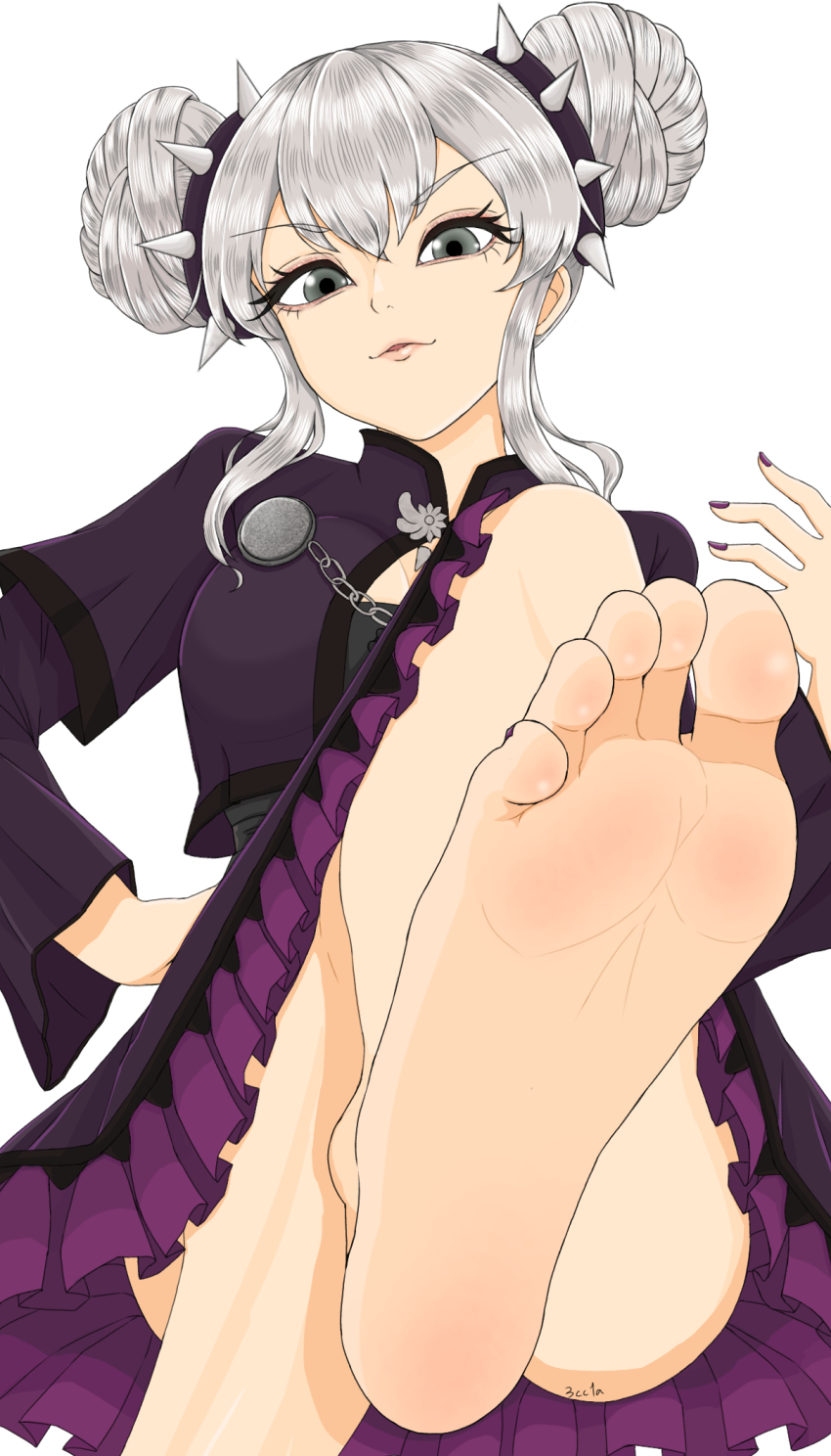 1girl 3cc1a barefoot crossed_legs dong_bai double_bun feet foot_focus foot_worship grey_eyes hair_bun highres long_hair looking_at_viewer parted_lips shin_sangoku_musou soles toes white_background white_hair