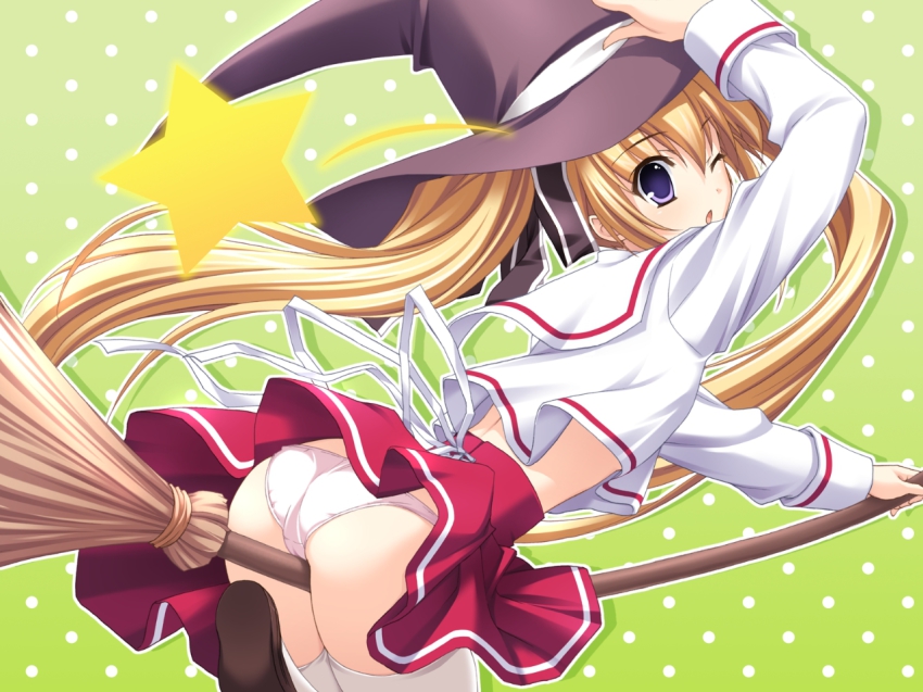 00s 1girl ass blonde_hair broom broom_riding female_focus fujimiya_chisa gift_(game) gift_eternal_rainbow mitha one_eye_closed panties solo straddling thighhighs underwear white_panties white_thighhighs wink witch