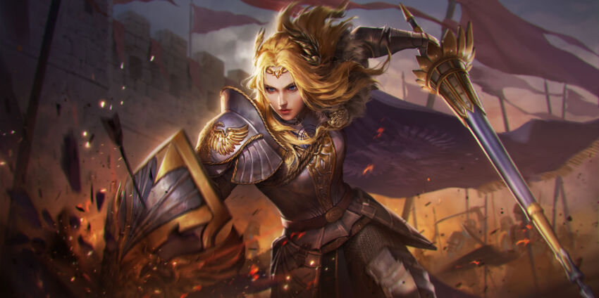 1girl armor armored_dress blonde_hair blue_eyes boobplate breastplate breasts cape closed_mouth cuirass fantasy full_armor full_body gauntlets gloves greaves guinevere_(king_arthur:_legends_rise) highres holding holding_polearm holding_shield holding_weapon king_arthur:_legends_rise knight lance long_hair looking_at_viewer medieval medium_breasts multiple_boys official_art pauldrons plate_armor polearm shield shoulder_armor spear standing vambraces weapon