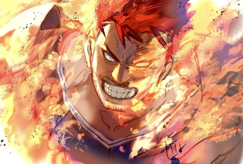 1boy akiyama_youkou armor beard_stubble blue_eyes bodysuit boku_no_hero_academia endeavor_(boku_no_hero_academia) facial_hair fire flaming_eye frown looking_at_viewer male_focus mature_male muscular muscular_male pauldrons pyrokinesis scar scar_across_eye serious short_hair shoulder_armor solo spiked_hair stubble tsurime upper_body